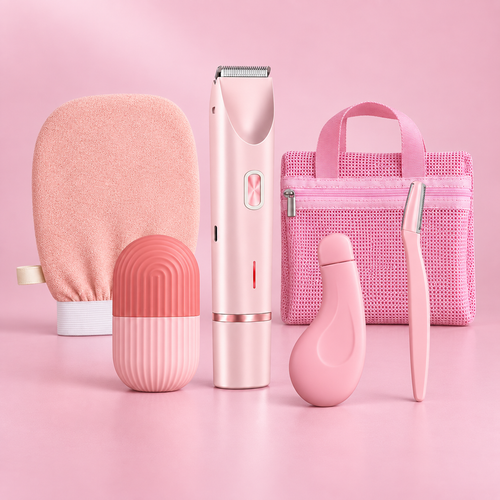 Contenu du coffret rituel complet : rasoir 2-en-1, ice roller, gant, spatule, rasoir de finition et trousse