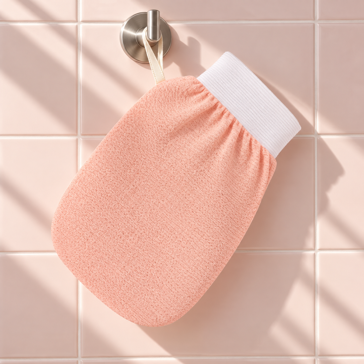 Gant exfoliant suspendu dans la salle de bain