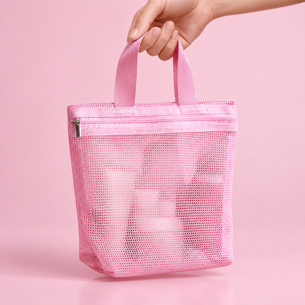 Trousse en maille tenue par les anses