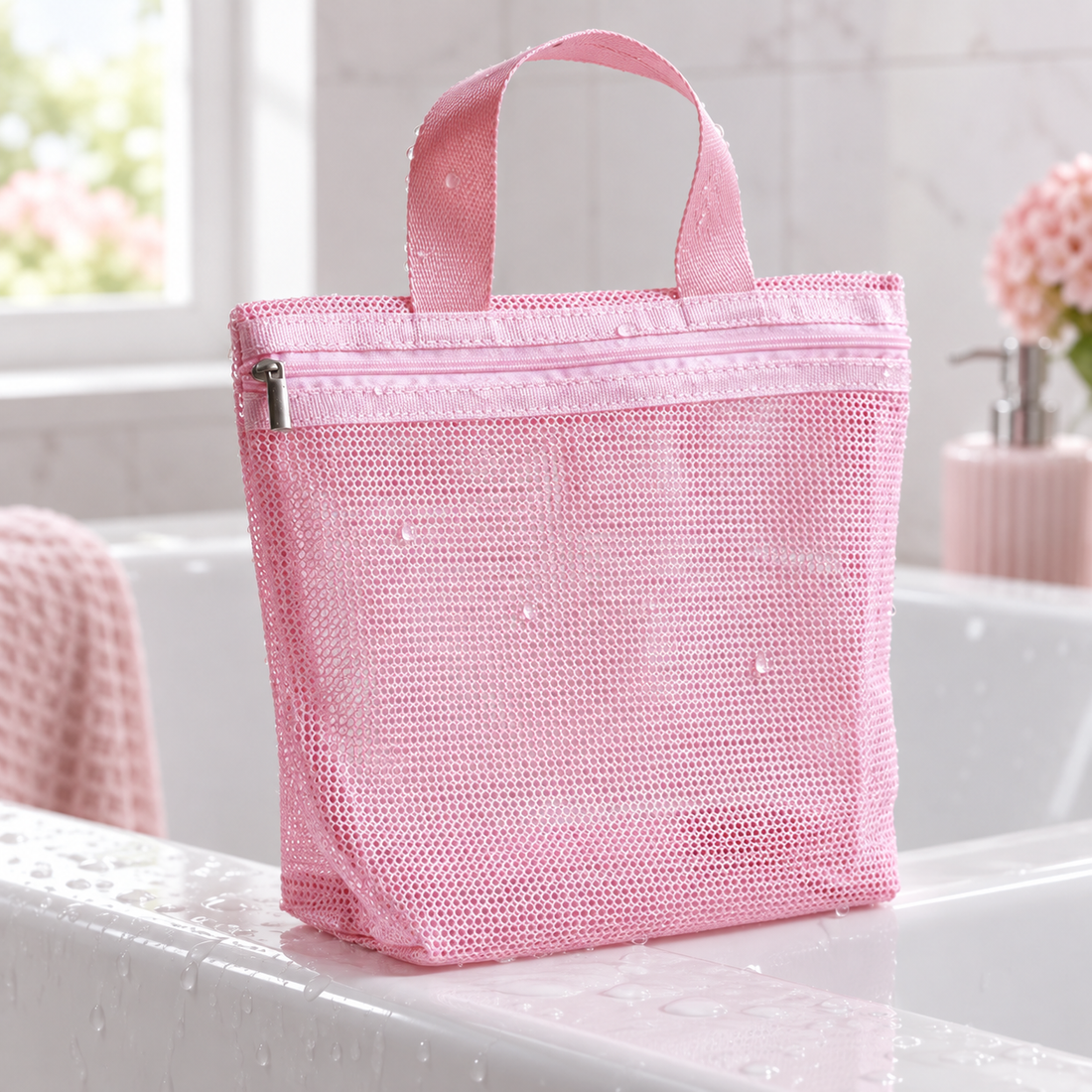 Trousse en maille au bord de la baignoire